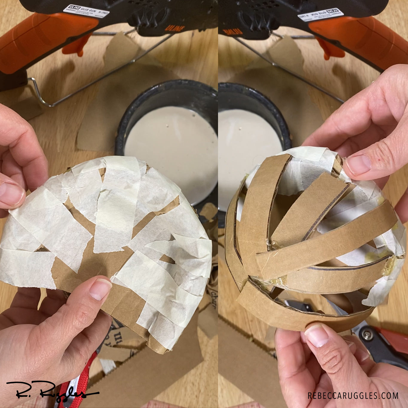 Building the shape of the panda ears with cardboard, tape, and hot glue.