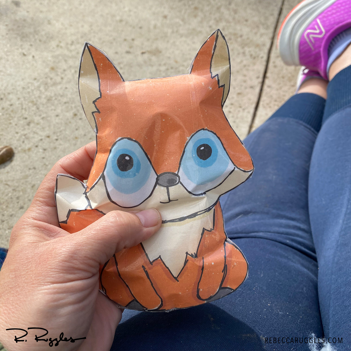 Paper squishy fox design test. Packing tape and paper stuffed animal.