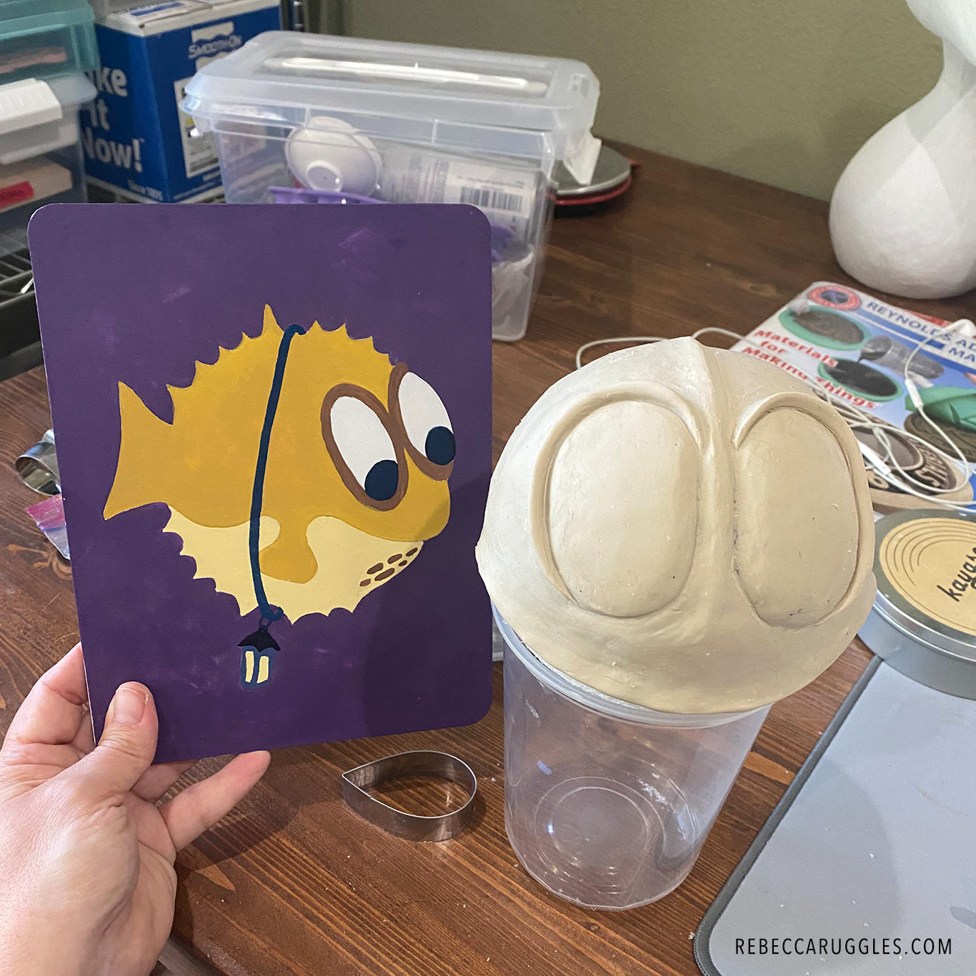 Sculpting a small version of my fish lantern from a painting. Going from 2D to 3D